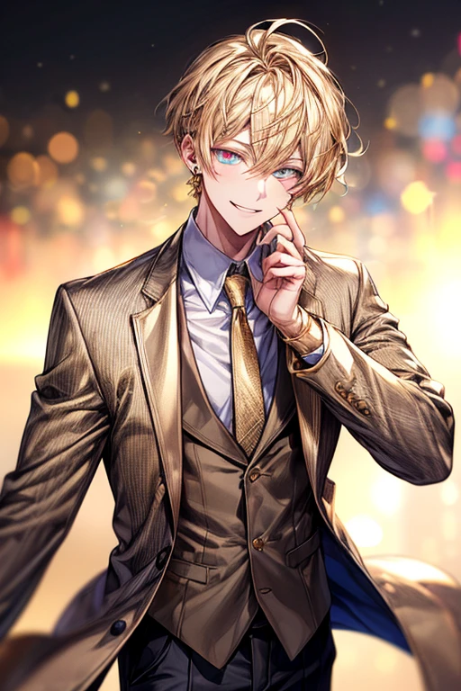 masutepiece, Best Quality, High quality, 1boy, Face Focus, , Suit, The jacket is a gray jacket, White shirt, tie, Pants,One ear only, one earring, earrings, Best Quality, Face Detail, Detail Background, Background bokeh、a blond、((((Golden Eyes))))、a smile