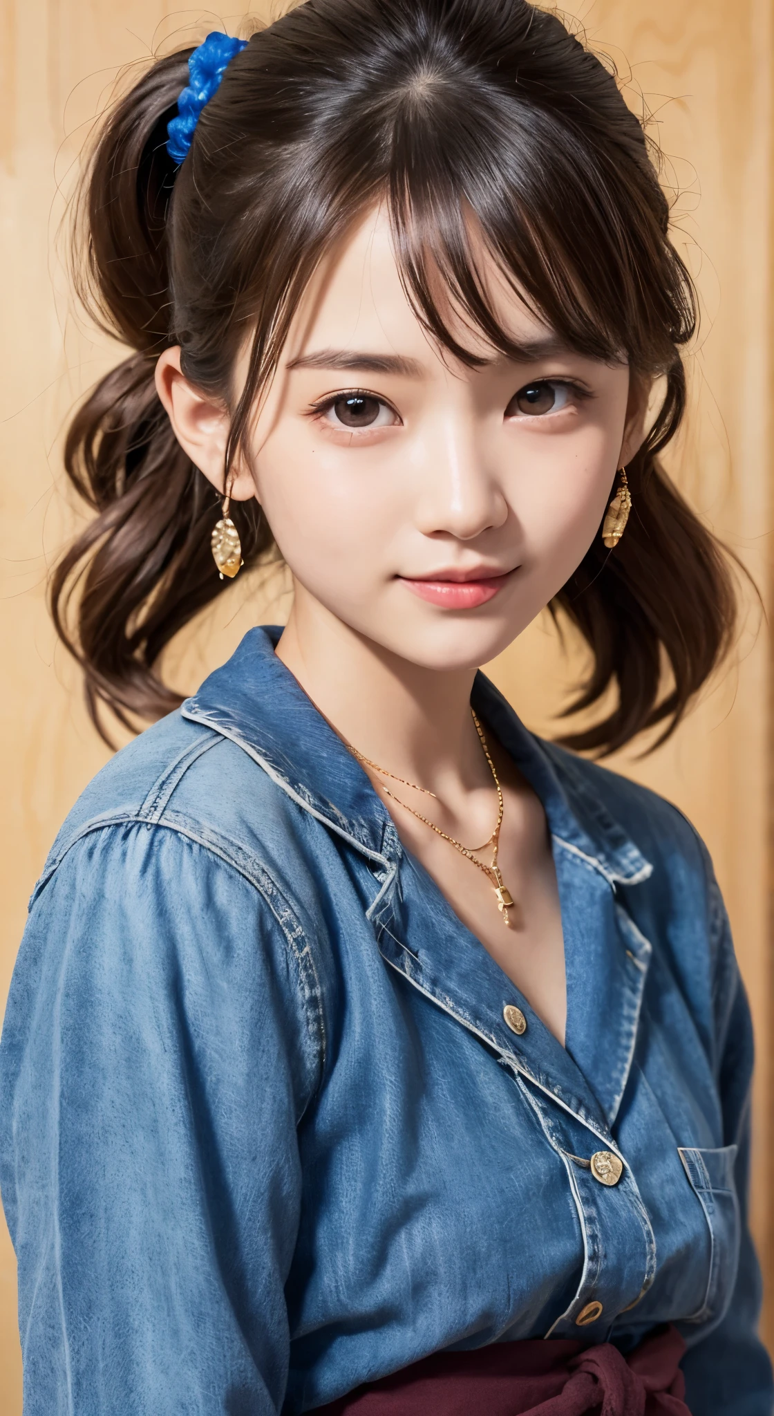 NFSW、masutepiece、​masterpiece、1 girl in、(close up of face、cowboy  shot)、Straight front view、japanes、very young cute woman、(The cutest girl in the world)、15yo student、Smaller face、large full breasts、autumn knit jacket、Sheer inner、Chiffon skirt、Ultra-detailed costumes、Smiling in a café、Scrunchie、Thin necklace、Glamorous figure、hyper cute face、shiny lip、Double eyelids in both eyes、 natural make up、long eyeslashes、shiny smooth light brown hair、bangss、Short twin tail hair、非対称なbangss、image in center、8K分辨率、high détails、Detailed hairstyles、A detailed face、spectacular movie lighting、octane renderings、with a vibrant、Ultra-realistic、Perfect limbs、perfect anatomia