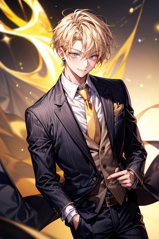 masutepiece, Best Quality, High quality, 1boy, Face Focus, , Suit, The jacket is a gray jacket, White shirt, tie, Pants,One ear only, one earring, earrings, Best Quality, Face Detail, Detail Background, Background bokeh、a blond、((Golden Eyes))、a smile