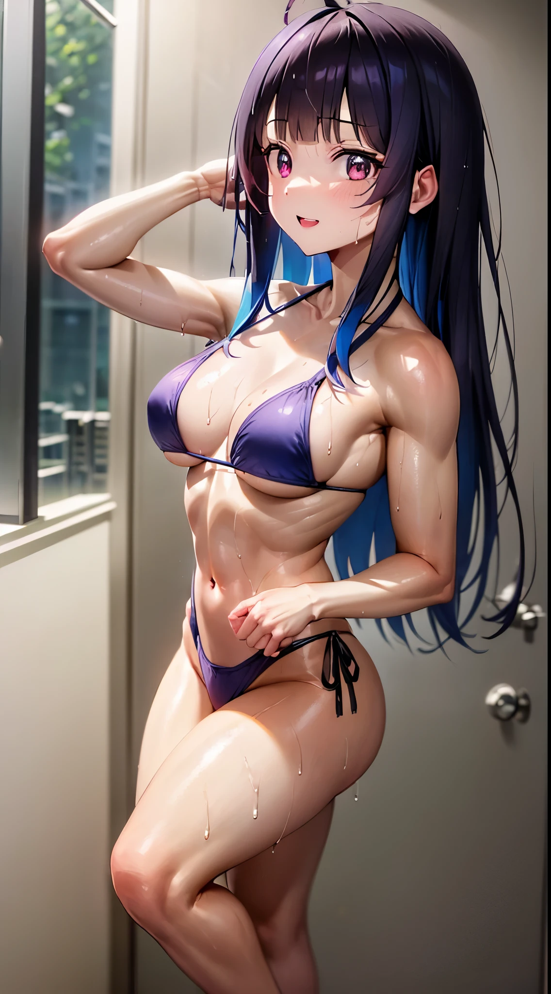 Minya Johnson, Mini Yaemori, long hair, bangs, black hair, blue hair, (Purple eyes: 1.1), multicolored hair, blunt bangs, highlighted hair, Ahoge, (wearing a very short and  ), black high heel shoes tall, muscular thighs, muscular abdomen, thin waist, wide , all wet with sweat, Looking at the spectators, (masutepiece: 1.2), best quality, high resolution, Unity 8k wallpaper, (illustration: 0.8), (beautiful Detailed eyes: 1.6), More detailed face, perfect lighting, extremely detailed CG, (perfect hands, perfect ) mforah、Double Teeth、show smiles、,Looking at the Viewer,