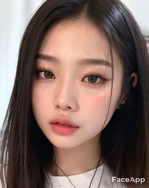 um close up de uma mulher com cabelos longos e uma camisa branca, korean face features, young adorable korean face, jennie blackpink, wan adorable korean face, maquiagem coreana popular, maquiagem sul-coreana popular, young cute wan asian face, beautiful aesthetic face, south east asian com rosto redondo, menina coreana, korean symmetrical face, com rosto redondo, Mulher sul-coreana bonita