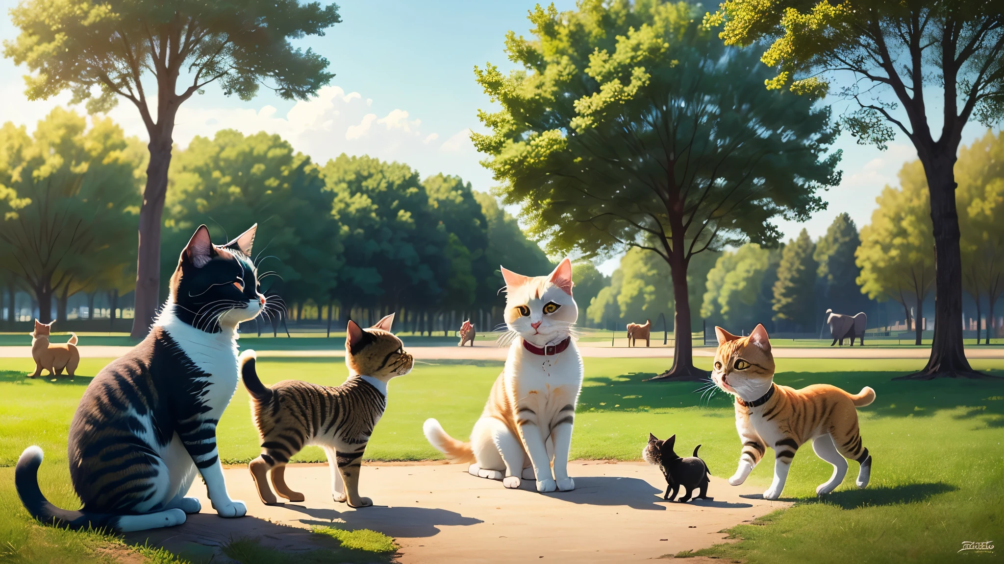 Realistic photo of 2 little cats and 2 little dogs playing in a park