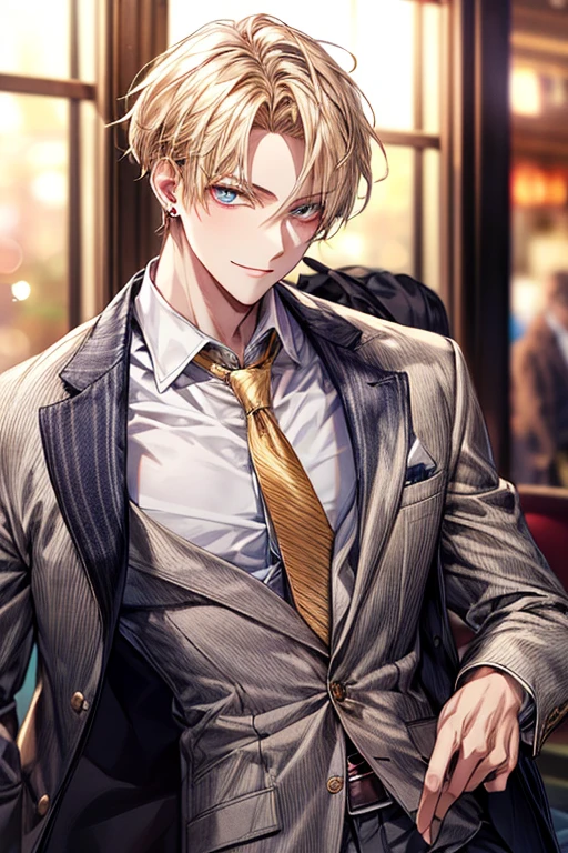 masutepiece, Best Quality, High quality, 1boy, Face Focus, , Suit, The jacket is a gray jacket, White shirt, tie, Pants,One ear only, one earring, earrings, Best Quality, Face Detail, Detail Background, Background bokeh、a blond、((Golden Eyes))、A slight smil、Tall、High school students、refreshing