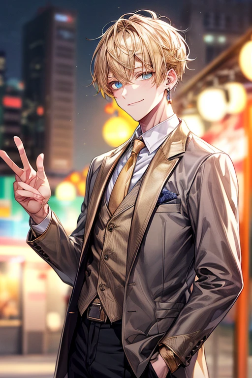 masutepiece, Best Quality, High quality, 1boy, Face Focus, , Suit, The jacket is a gray jacket, White shirt, tie, Pants,One ear only, one earring, earrings, Best Quality, Face Detail, Detail Background, Background bokeh、a blond、((Golden Eyes))、A slight smil、Tall、High school students、refreshing