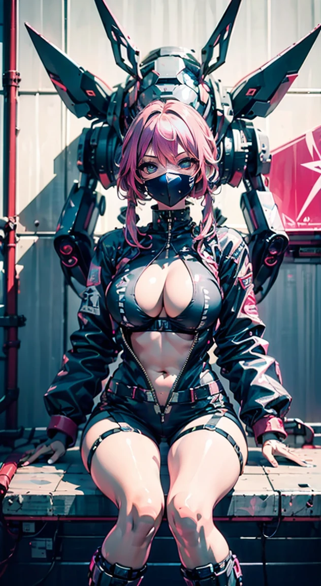 8K,Ultra Detail,ultra-quality,ultra precision,ultimate masterpiece,demon Girl,big boobs,big Thigh,bomber jacket,long leather pants,long twin tail(blond)(innercolor of pink),cool Graffiti on the wall,Cyber punk face mask,Theme of Cyber Punk,sitting cross legged,