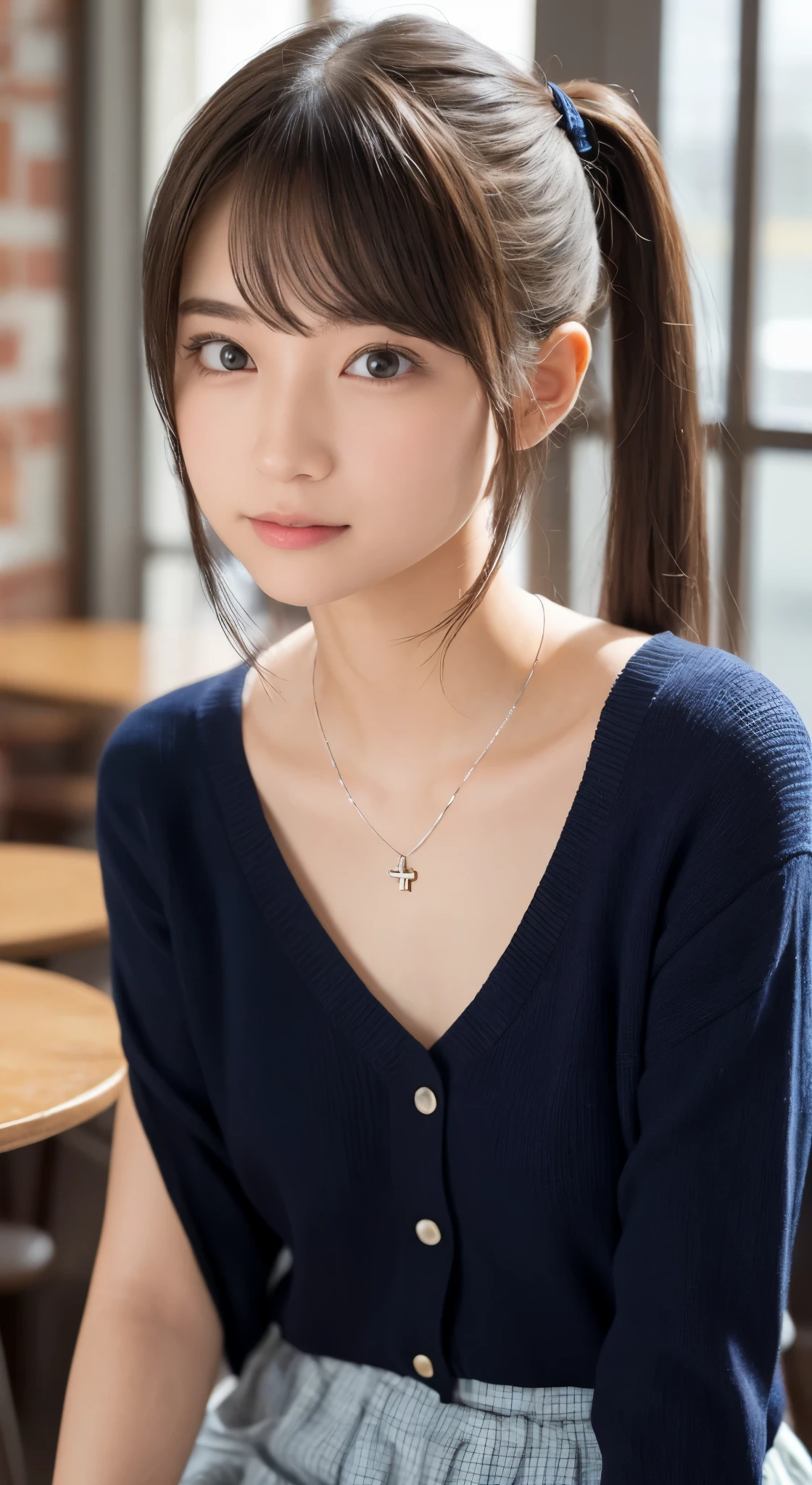 NFSW、masutepiece、masterpiece、1 girl in、(close up of face、cowboy shot)、Straight front view、japanes、very young cute woman、(The cutest girl in the world)、、Smaller face、large full breasts、autumn knit jacket、Sheer inner、Chiffon skirt、Ultra-detailed costumes、Smiling in a café、Scrunchie、Thin necklace、Glamorous figure、hyper cute face、shiny lip、Double eyelids in both eyes、 natural make up、long eyeslashes、shiny smooth light brown hair、bangss、Short twin tail hair、非対称なbangss、image in center、8K分辨率、high détails、Detailed hairstyles、A detailed face、spectacular movie lighting、octane renderings、with a vibrant、Ultra-realistic、Perfect limbs、perfect anatomia