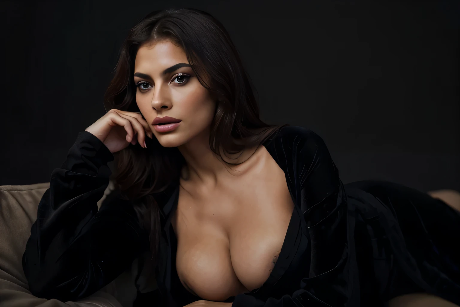 Femme allongée sexuellement excitée wearing a black robe and a black background on a lit , robe, Portrait d'Eva Mendes, Expression sensuelle, Inspired by Irakli Nadar, Seductive, Regard voluptueux, La femme veut , La femme est exigeante, chaud, Vivement, lying on a sofa,