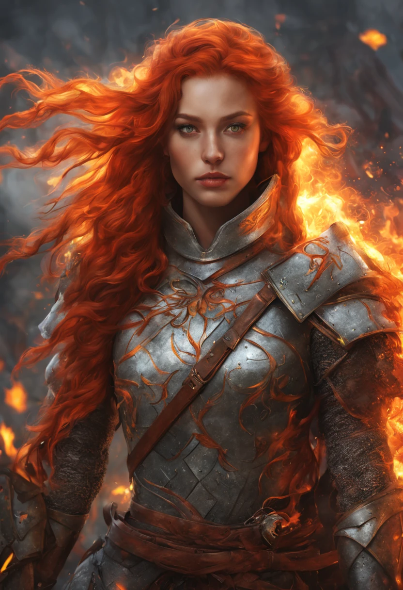 handsome girl, fiery hair, knight, hairlong, fire, round face, natural beauty, Physical density, complete face, long eyelashes, without bangs, gray eyes, Burns, Photorealistic picture, bright colours, winner of the shutterstock competition, Fantasy art, a  photo of a, movie style, Intricate and subtle details, hiquality