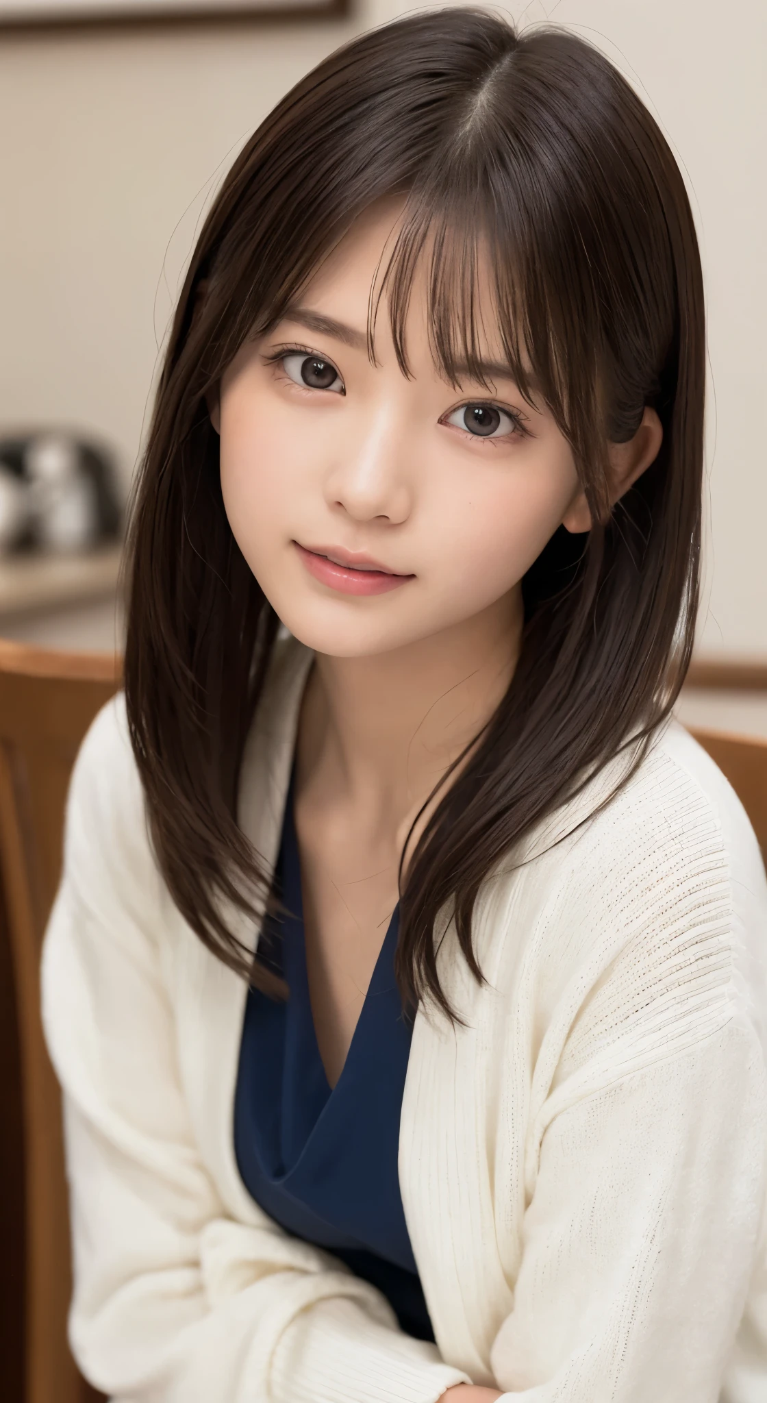 NFSW、masutepiece、​masterpiece、1 girl in、(close up of face、cowboy  shot)、Straight front view、japanes、very young cute woman、(The cutest girl in the world)、15yo student、Smaller face、large full breasts、autumn knit jacket、Sheer inner、Chiffon skirt、Ultra-detailed costumes、Smiling in a café、Scrunchie、Thin necklace、Glamorous figure、hyper cute face、shiny lip、Double eyelids in both eyes、 natural make up、long eyeslashes、shiny smooth light brown hair、bangss、Short twin tail hair、非対称なbangss、image in center、8K分辨率、high détails、Detailed hairstyles、A detailed face、spectacular movie lighting、octane renderings、with a vibrant、Ultra-realistic、Perfect limbs、perfect anatomia