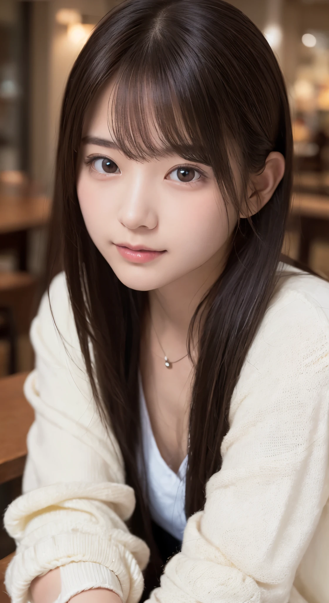 NFSW、masutepiece、​masterpiece、1 girl in、(close up of face、cowboy  shot)、Straight front view、japanes、very young cute woman、(The cutest girl in the world)、15yo student、Smaller face、large full breasts、autumn knit jacket、Sheer inner、Chiffon skirt、Ultra-detailed costumes、Smiling in a café、Scrunchie、Thin necklace、Glamorous figure、hyper cute face、shiny lip、Double eyelids in both eyes、 natural make up、long eyeslashes、shiny smooth light brown hair、bangss、Short twin tail hair、非対称なbangss、image in center、8K分辨率、high détails、Detailed hairstyles、A detailed face、spectacular movie lighting、octane renderings、with a vibrant、Ultra-realistic、Perfect limbs、perfect anatomia