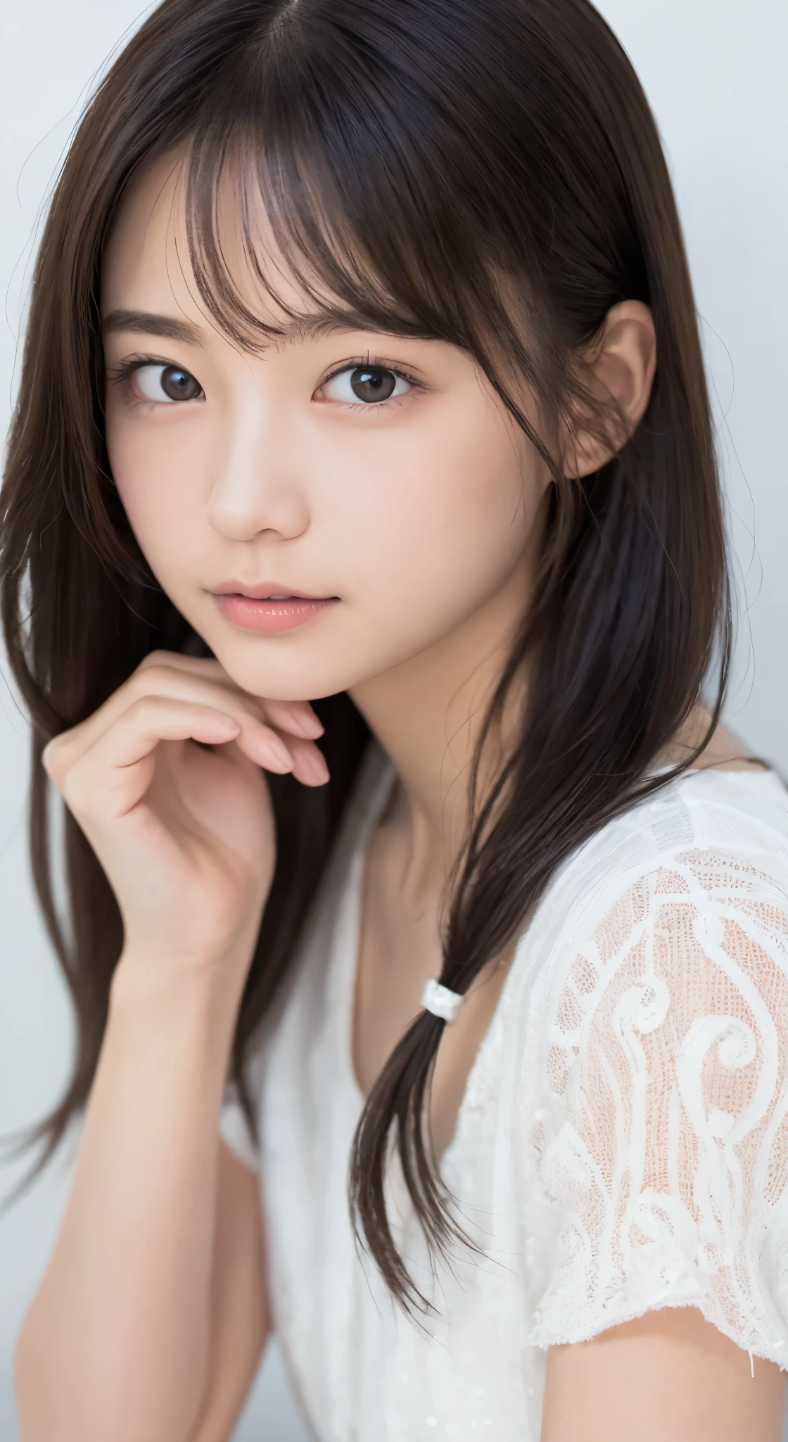 NFSW、masutepiece、​masterpiece、1 girl in、(close up of face、cowboy  shot)、Straight front view、japanes、very young cute woman、(The cutest girl in the world)、15yo student、Smaller face、large full breasts、autumn knit jacket、Sheer inner、Chiffon skirt、Ultra-detailed costumes、Smiling in a café、Scrunchie、Thin necklace、Glamorous figure、hyper cute face、shiny lip、Double eyelids in both eyes、 natural make up、long eyeslashes、shiny smooth light brown hair、bangss、Short twin tail hair、非対称なbangss、image in center、8K分辨率、high détails、Detailed hairstyles、A detailed face、spectacular movie lighting、octane renderings、with a vibrant、Ultra-realistic、Perfect limbs、perfect anatomia