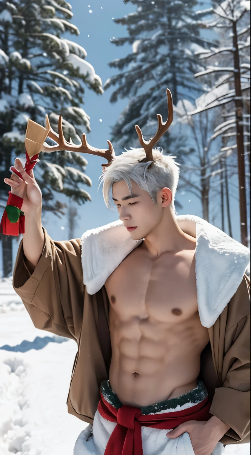 Japanese man, handsome, muscular, white hair, has antlers on his head, little brown deer outfit, takes off shirt, snow field, heavy snow, Christmas