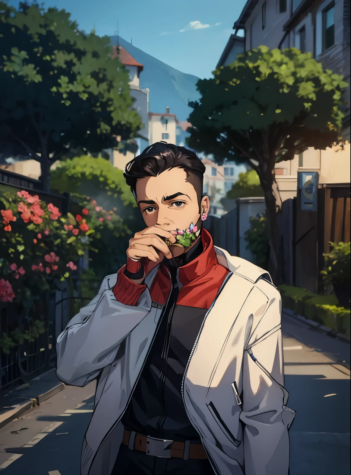 Boy with flowers futuristic background realistic face