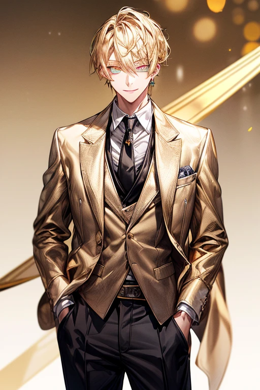 masutepiece, Best Quality, High quality, 1boy, Face Focus, Black tie、 The jacket is a gray jacket, White shirt, tie, Pants,One ear only, one earring, earrings, Best Quality, Face Detail, Detail Background, Background bokeh、a blond、(((((Golden Eyes)))))、A slight smil、Tall、High school students、refreshing