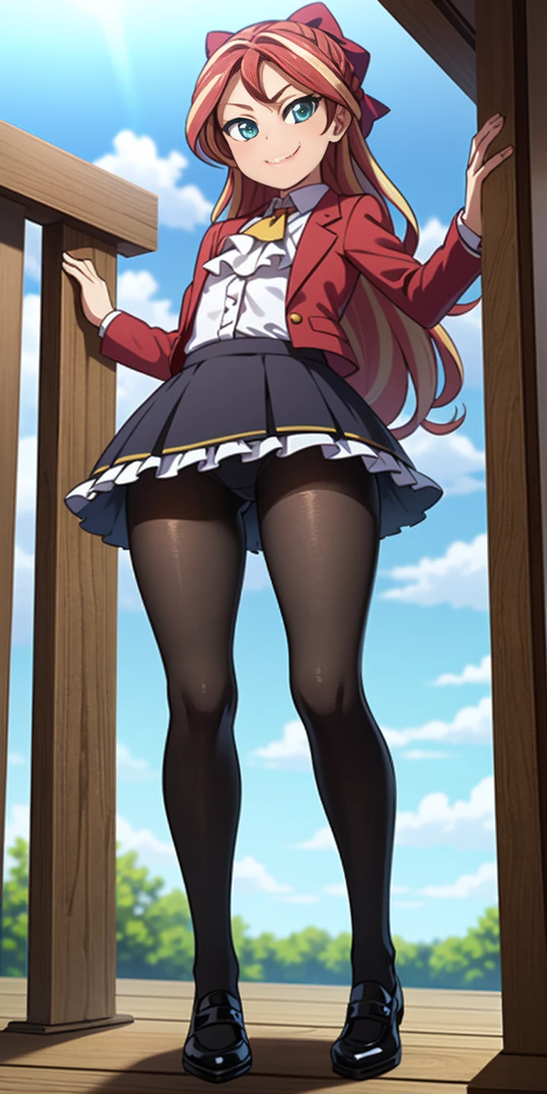 masterpiece, best quality, full body standing straight symmetrical, sfkarin, hair bow, ascot, red jacket, long sleeves, frilled skirt, pantyhose, standing, looking at viewer, from below, looking at viewer, smug, smile, sky, clouds, thighs,