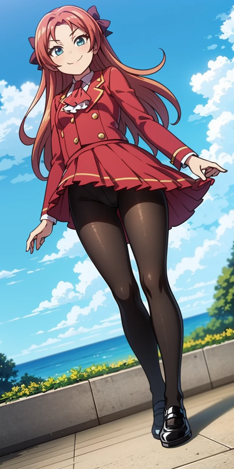 masterpiece, best quality, full body standing straight symmetrical, sfkarin, hair bow, ascot, red jacket, long sleeves, frilled skirt, pantyhose, standing, looking at viewer, from below, looking at viewer, smug, smile, sky, clouds, thighs,