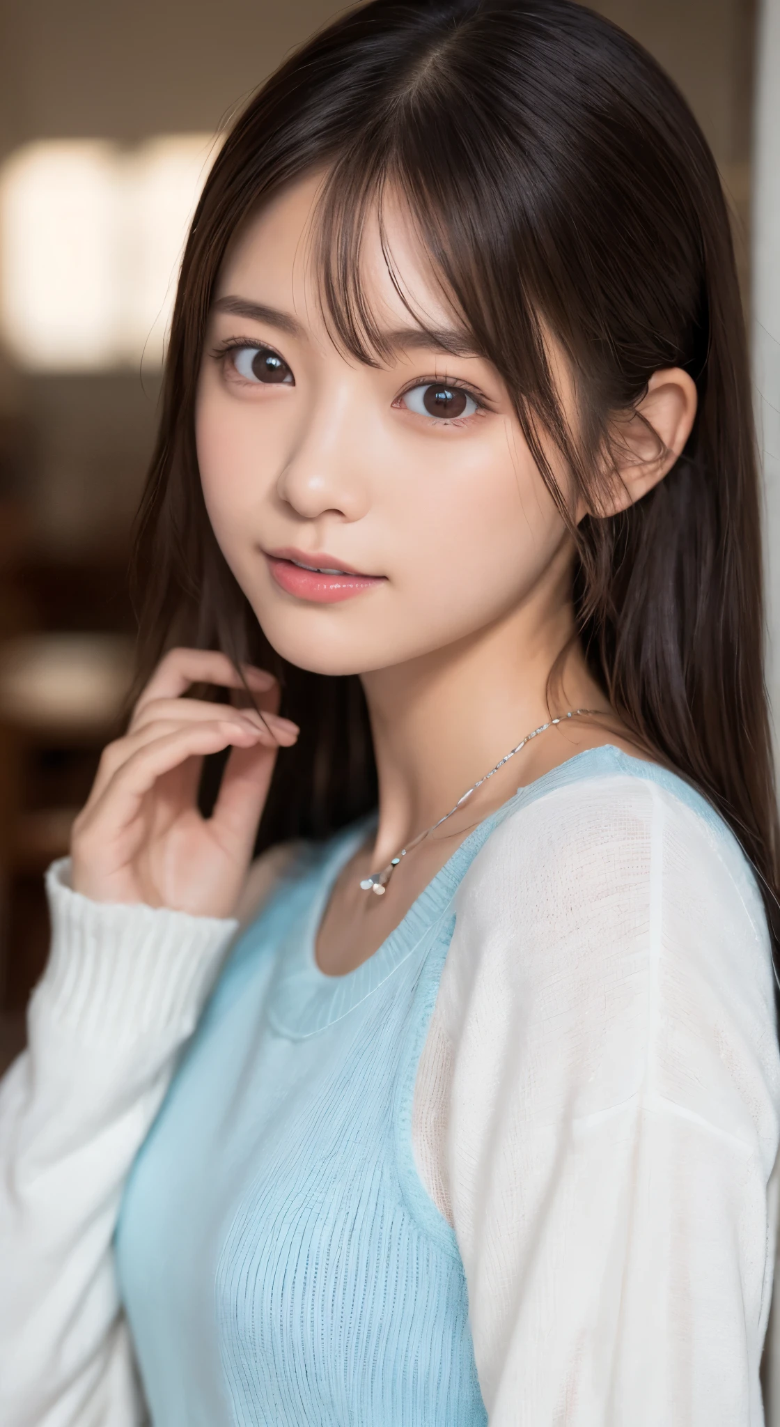 NFSW、masutepiece、masterpiece、1 girl in、(close up of face、cowboy shot)、Straight front view、japanes、very young cute woman、(The cutest girl in the world)、15yo student、Smaller face、large full breasts、autumn knit jacket、Sheer inner、Chiffon skirt、Ultra-detailed costumes、Smiling in a café、Scrunchie、Thin necklace、Glamorous figure、hyper cute face、shiny lip、Double eyelids in both eyes、 natural make up、long eyeslashes、shiny smooth light brown hair、bangss、Short twin tail hair、非対称なbangss、image in center、8K分辨率、high détails、Detailed hairstyles、A detailed face、spectacular movie lighting、octane renderings、with a vibrant、Ultra-realistic、Perfect limbs、perfect anatomia
