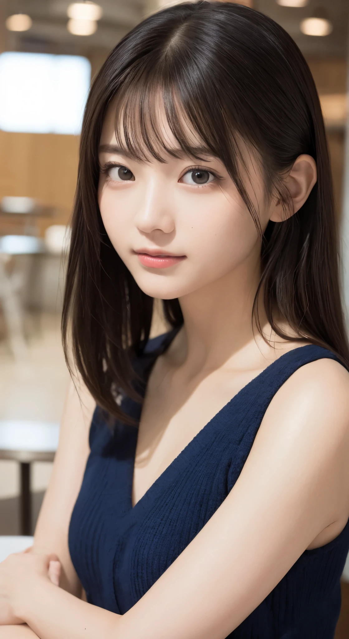NFSW、masutepiece、masterpiece、1 girl in、(close up of face、cowboy shot)、Straight front view、japanes、very young cute woman、(The cutest girl in the world)、15yo student、Smaller face、large full breasts、autumn knit jacket、Sheer inner、Chiffon skirt、Ultra-detailed costumes、Smiling in a café、Scrunchie、Thin necklace、Glamorous figure、hyper cute face、shiny lip、Double eyelids in both eyes、 natural make up、long eyeslashes、shiny smooth light brown hair、bangss、Short twin tail hair、非対称なbangss、image in center、8K分辨率、high détails、Detailed hairstyles、A detailed face、spectacular movie lighting、octane renderings、with a vibrant、Ultra-realistic、Perfect limbs、perfect anatomia