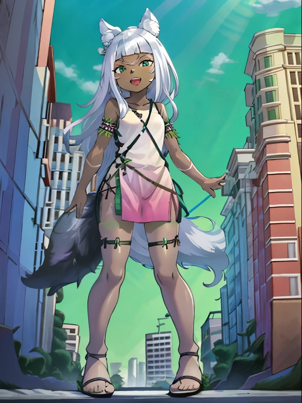 Ochette, girl, dark skin, white hair, green eyes, giantess, huge, small viewer, 70 ft tall, cute, full body, best quality, pink dress, metal bracelets, larger than buildings, flat ground, street, ground visible, black shorts, wearing shorts, adorable, kind, gentle, empty hands, small build, slim, curious, detailed mouth, size difference, standing over skyscrapers, sandals, tiny city, socks, loose clothes, perfect proportions, wolf tail