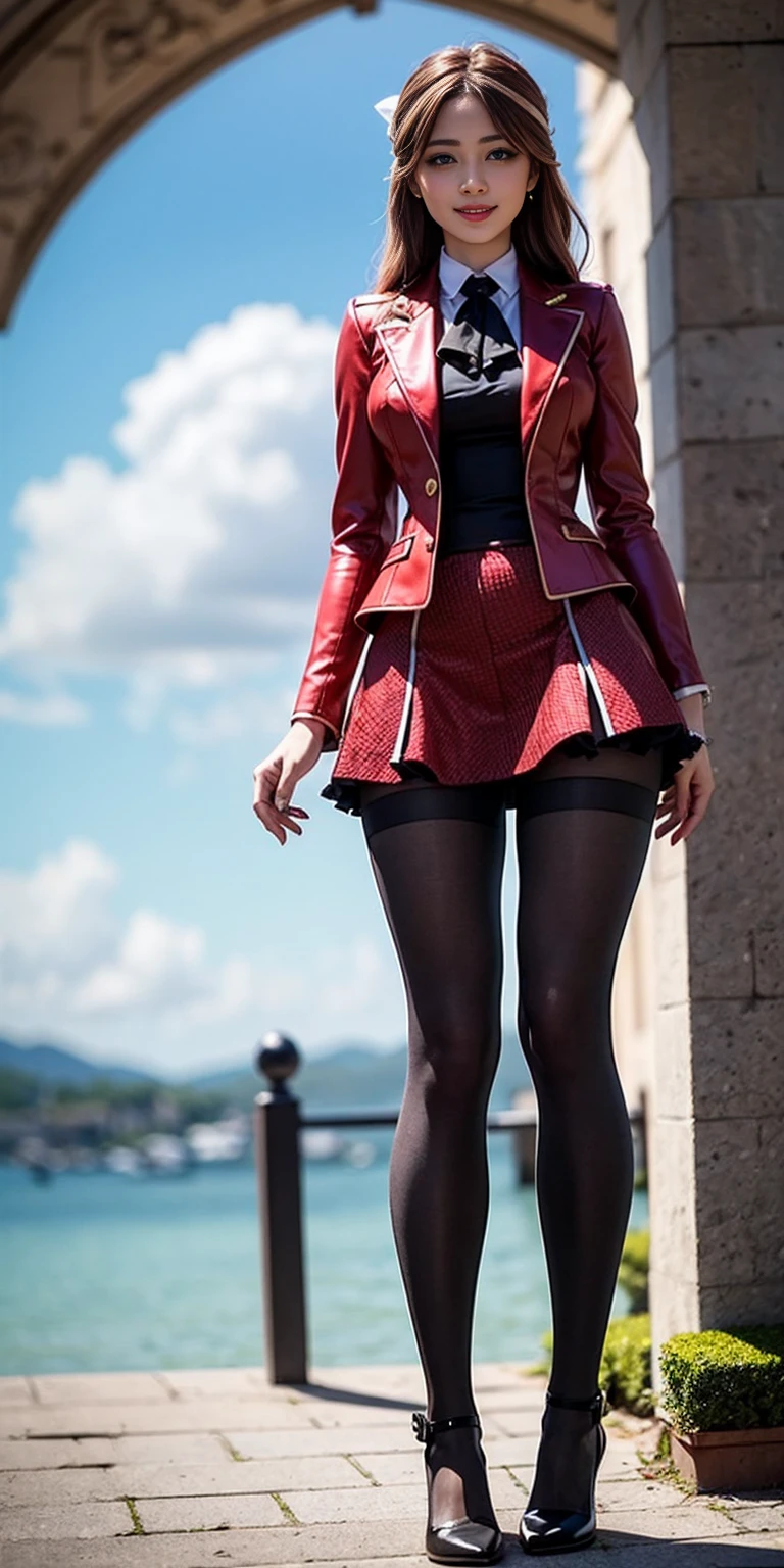 masterpiece, best quality, full body standing straight symmetrical, sfkarin, hair bow, ascot, red jacket, long sleeves, frilled skirt, pantyhose, standing, looking at viewer, from below, looking at viewer, smug, smile, sky, clouds, thighs,