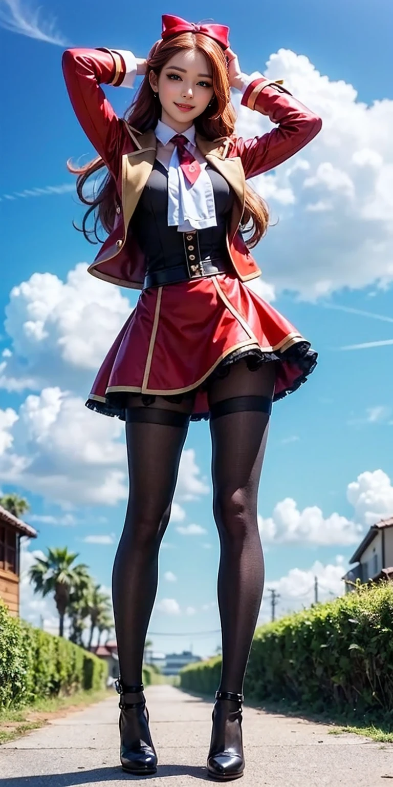 masterpiece, best quality, full body standing straight symmetrical, sfkarin, hair bow, ascot, red jacket, long sleeves, frilled skirt, pantyhose, standing, looking at viewer, from below, looking at viewer, smug, smile, sky, clouds, thighs,