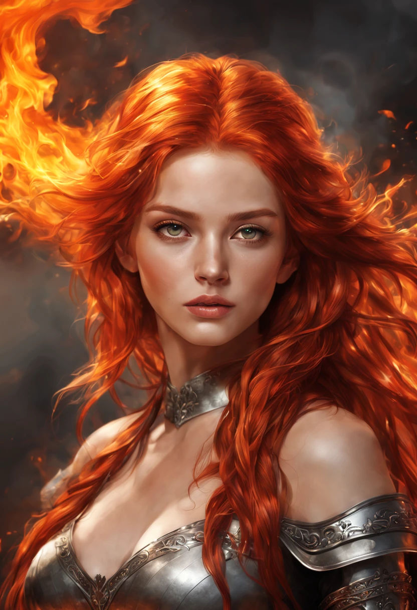 handsome girl, fiery hair, knight, hairlong, fire, round face, natural beauty, Physical density, complete face, long eyelashes, without bangs, gray eyes, Burns, Photorealistic picture, bright colours, winner of the shutterstock competition, Fantasy art, a  photo of a, movie style, Intricate and subtle details, hiquality