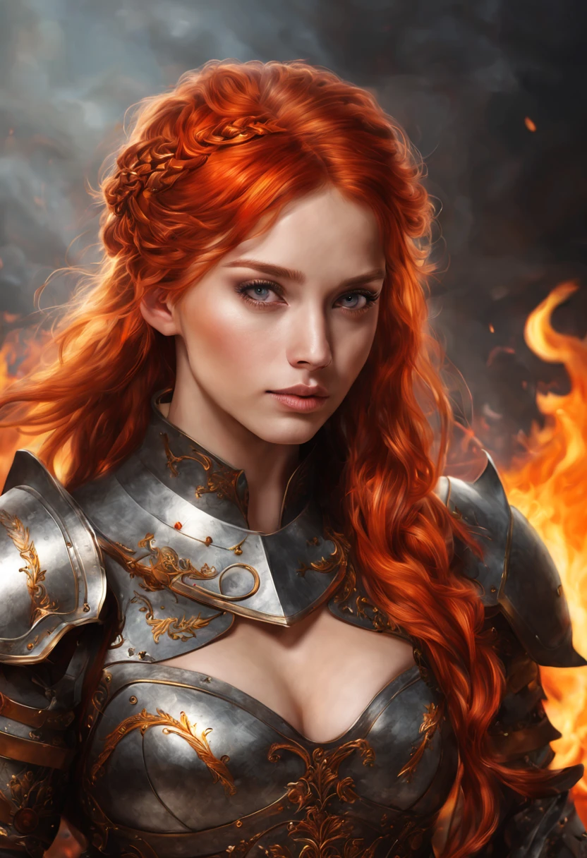 handsome girl, fiery hair, knight, hairlong, fire, round face, natural beauty, Physical density, complete face, long eyelashes, without bangs, gray eyes, Burns, Photorealistic picture, bright colours, winner of the shutterstock competition, Fantasy art, a photo of a, movie style, Intricate and subtle details, hiquality