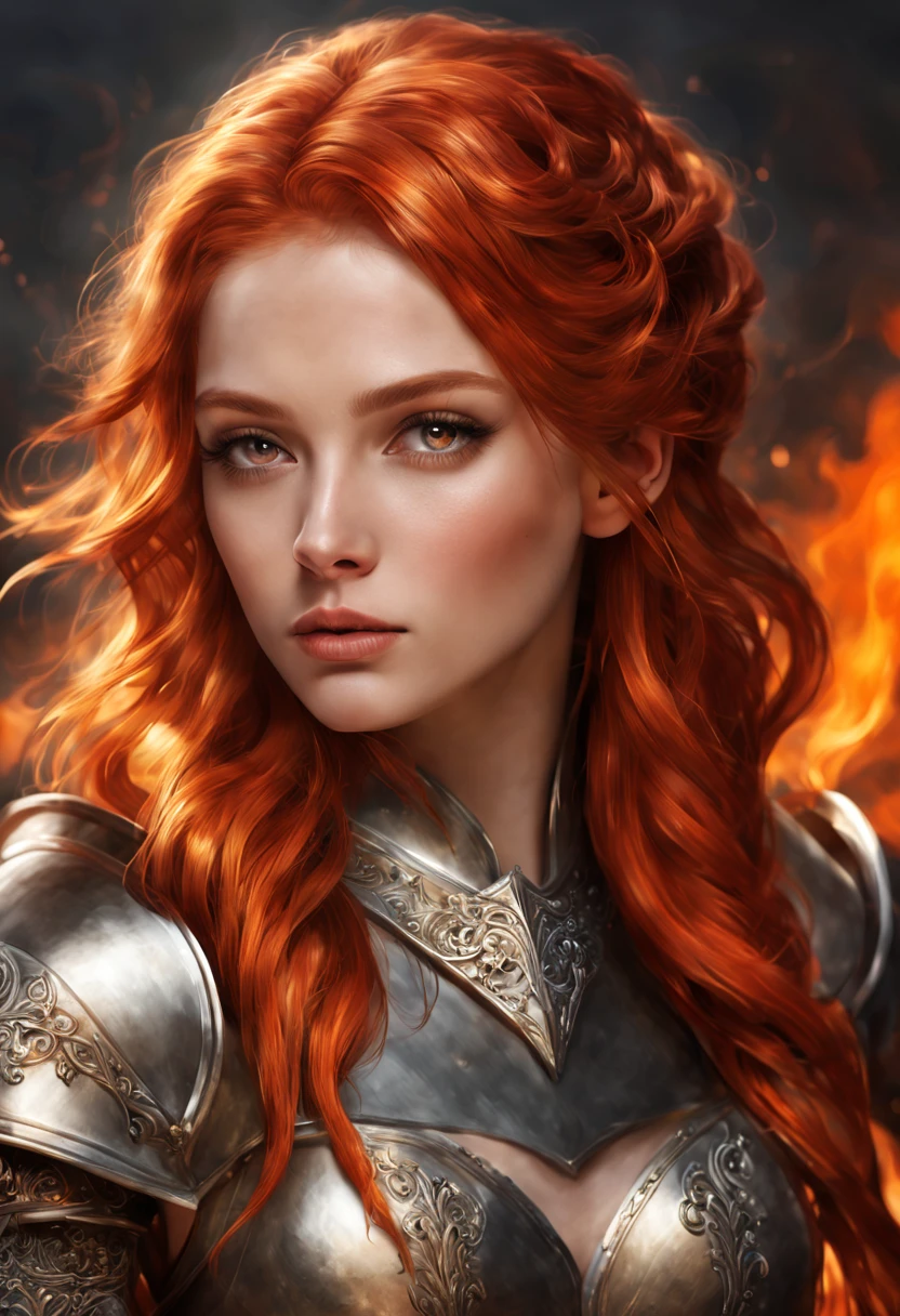 handsome girl, fiery hair, knight, hairlong, fire, round face, natural beauty, Physical density, complete face, long eyelashes, without bangs, gray eyes, Burns, Photorealistic picture, bright colours, winner of the shutterstock competition, Fantasy art, a  photo of a, movie style, Intricate and subtle details, hiquality