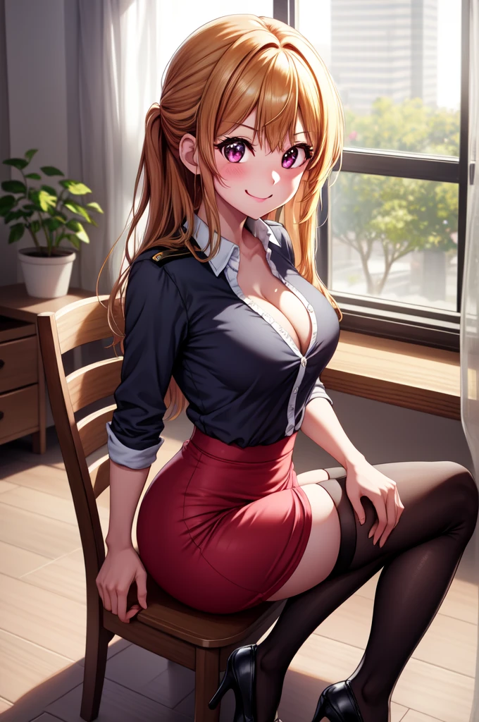 anime, beautiful face, highly detailed face, 2 accurate legs detailed eyes, highly detailed background, perfect lighting, accurate arms, accurate hands, accurate fingers, full body, 1girl, solo, ruby hoshino, oshi no ko, indoors, detailed heels, black detailed thighhighs, indoors, in the office, absurdres, high res, ultrasharp, 8K, masterpiece, looking at viewer, (full body:1.4), smiling with compassion, teasing smile, tight skirt, police office uniform, unbuttoned shirt, detailed shirt, cleavage, sitting on a chair at a desk, view from behind, ass view, looking over her shoulders,