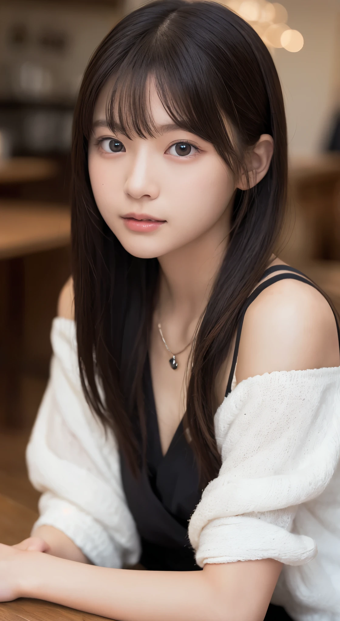NFSW、masutepiece、masterpiece、1 girl in、(close up of face、cowboy shot)、Straight front view、japanes、very young cute woman、(The cutest girl in the world)、 student、Smaller face、large full breasts、autumn knit jacket、Sheer inner、Chiffon skirt、Ultra-detailed costumes、Smiling in a café、Scrunchie、Thin necklace、Glamorous figure、hyper cute face、shiny lip、Double eyelids in both eyes、 natural make up、long eyeslashes、shiny smooth light brown hair、bangss、Short twin tail hair、非対称なbangss、image in center、8K分辨率、high détails、Detailed hairstyles、A detailed face、spectacular movie lighting、octane renderings、with a vibrant、Ultra-realistic、Perfect limbs、perfect anatomia