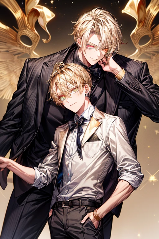 masutepiece, Best Quality, High quality, 1boy, Face Focus, Black tie、 The jacket is a gray jacket, White shirt, tie, Pants,One ear only, one earring, earrings, Best Quality 、a blond、(((((Golden Eyes)))))、A slight smil、Tall、High school students、refreshing