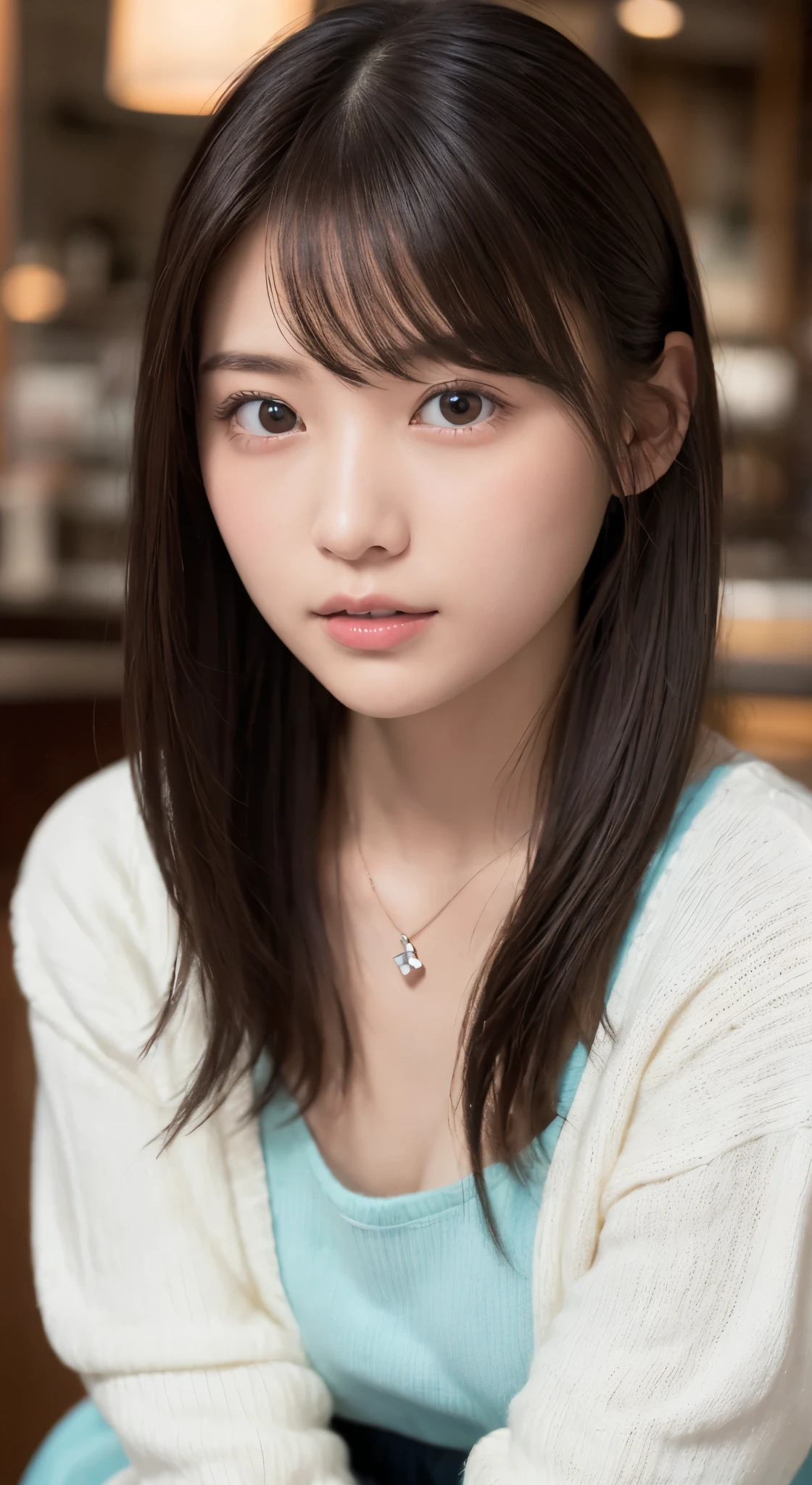 NFSW、masutepiece、masterpiece、1 girl in、(close up of face、cowboy shot)、Straight front view、japanes、very young cute woman、(The cutest girl in the world)、15yo student、Smaller face、large full breasts、autumn knit jacket、Sheer inner、Chiffon skirt、Ultra-detailed costumes、Smiling in a café、Scrunchie、Thin necklace、Glamorous figure、hyper cute face、shiny lip、Double eyelids in both eyes、 natural make up、long eyeslashes、shiny smooth light brown hair、bangss、Short twin tail hair、非対称なbangss、image in center、8K分辨率、high détails、Detailed hairstyles、A detailed face、spectacular movie lighting、octane renderings、with a vibrant、Ultra-realistic、Perfect limbs、perfect anatomia