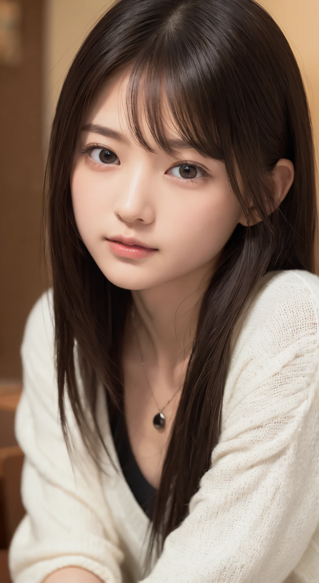 NFSW、masutepiece、​masterpiece、1 girl in、(close up of face、cowboy  shot)、Straight front view、japanes、very young cute woman、(The cutest girl in the world)、15yo student、Smaller face、large full breasts、autumn knit jacket、Sheer inner、Chiffon skirt、Ultra-detailed costumes、Smiling in a café、Scrunchie、Thin necklace、Glamorous figure、hyper cute face、shiny lip、Double eyelids in both eyes、 natural make up、long eyeslashes、shiny smooth light brown hair、bangss、Short twin tail hair、非対称なbangss、image in center、8K分辨率、high détails、Detailed hairstyles、A detailed face、spectacular movie lighting、octane renderings、with a vibrant、Ultra-realistic、Perfect limbs、perfect anatomia