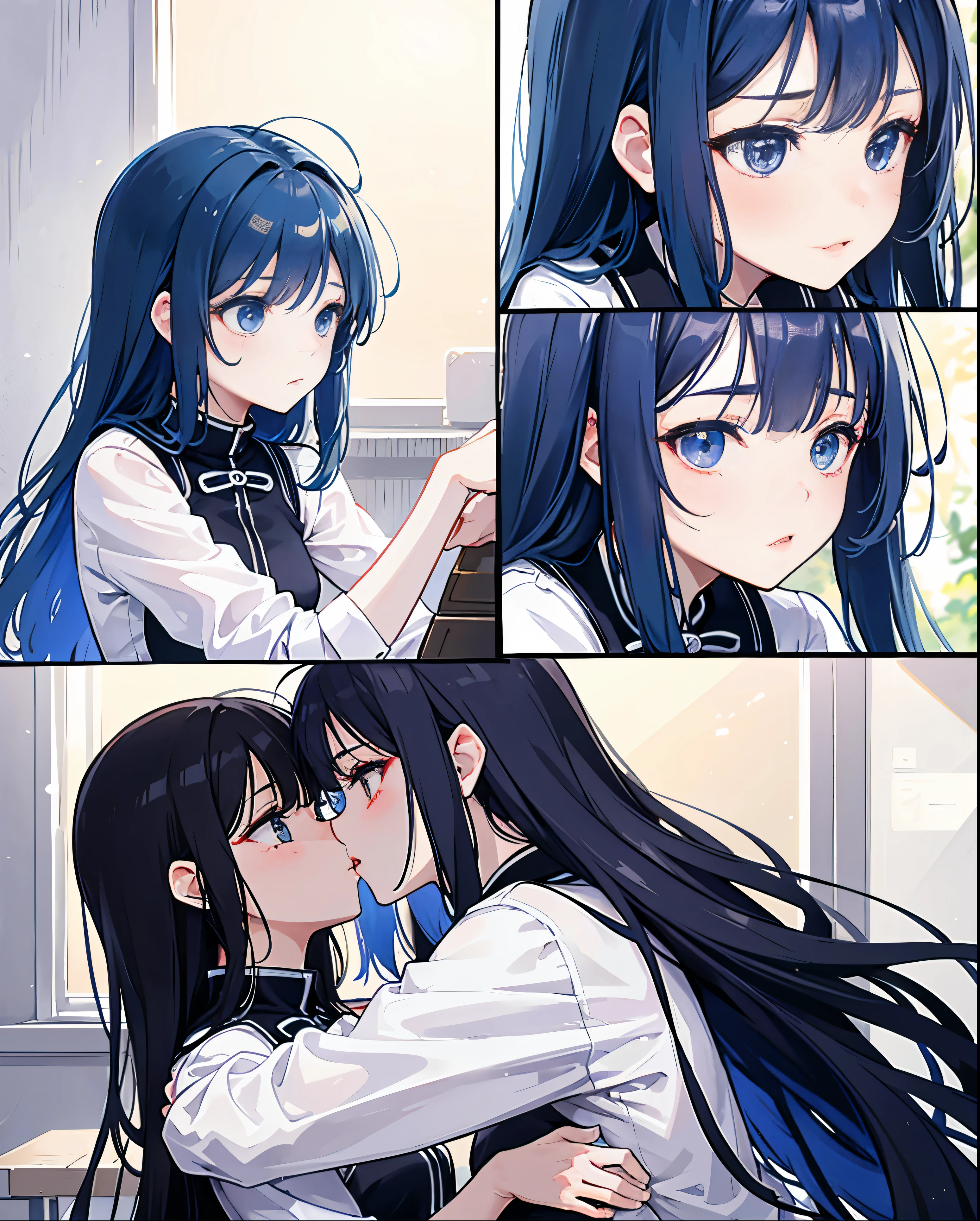 Two girls,Affectionate hugs,Confronting each other,Interactive kisses,Eyes meet。