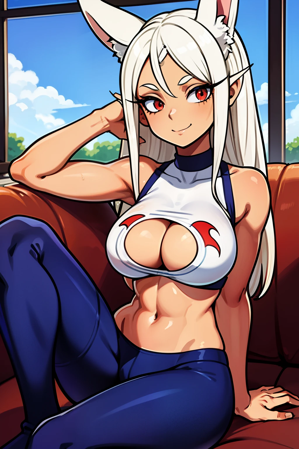 Cute girls,ojos rojos redondos, cabello blanco、orejas de conejo,sexy、sonriendo,Peinado liso medio a largo、(Bigboobs,lleva una lenceria roja,lleva unos leggins rojos,En una casa de alquiler,sitting on the couch,Noche,estaba lloviendo afuera,Upper body is wet.,cuerpo entero,lleva unos leggins rojos,red leggins