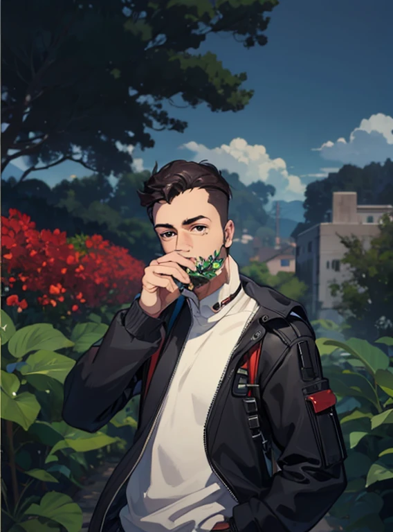 Boy with flowers futuristic background realistic face 8k ultra high detail quality hd