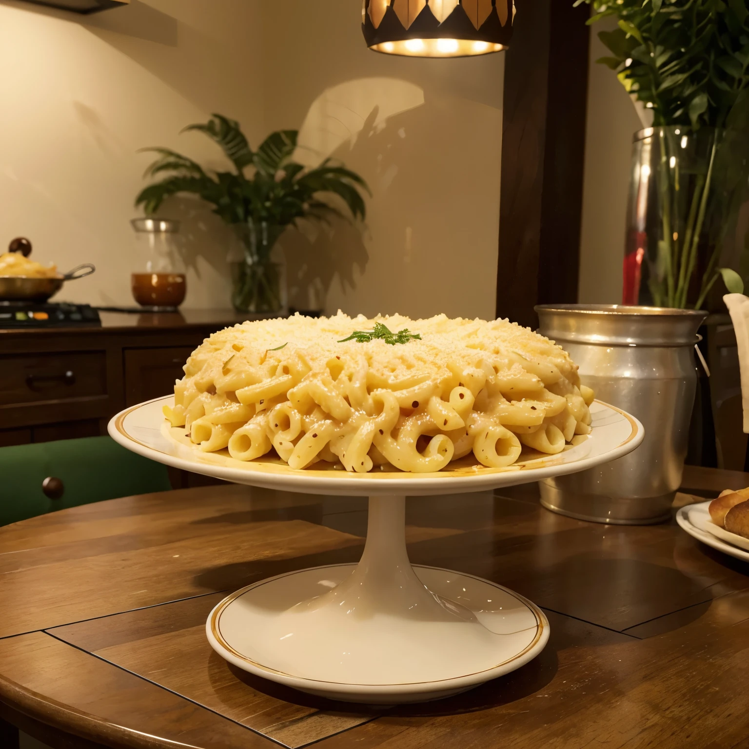 In a scene, a high-quality image is depicted. The focus of the image is on a plate placed on a table. The plate contains macaroni rigati pasta cooked to perfection and coated in a rich and creamy cheese sauce. The macaroni rigati pasta is uniformly sized and visually appealing. The plate is positioned in the center of the table, creating a balanced composition. The table itself is elegantly set, complementing the festive occasion of the New Year's celebration. The lighting in the scene highlights the vibrant colors of the dish, making it look even more delicious. The overall image quality is of the highest standard, with a resolution of 4K or even 8K. Every detail is meticulously captured, resulting in an ultra-detailed and realistic representation. The art style of the image can be described as a culinary photography - a perfect blend of food styling and artistic composition. The color palette chosen for the image is warm and inviting, accentuating the appetizing nature of the dish. The lighting is carefully arranged to enhance the textures and create a visually pleasing ambiance.