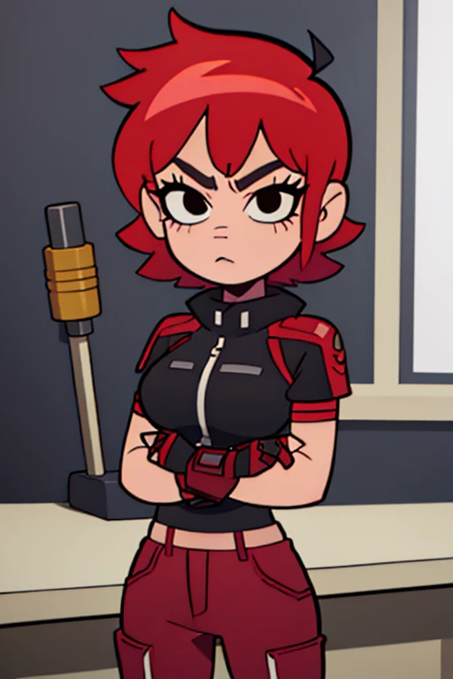 scott_pilgrim_style, yl1,1girl, 1girl, solo, Jane Shepard, FemShep, short hair, red hair, black eyes, black power armor, N7, outer space, ringed planet, (masterpiece:1.3), high quality, highres, absurdres,