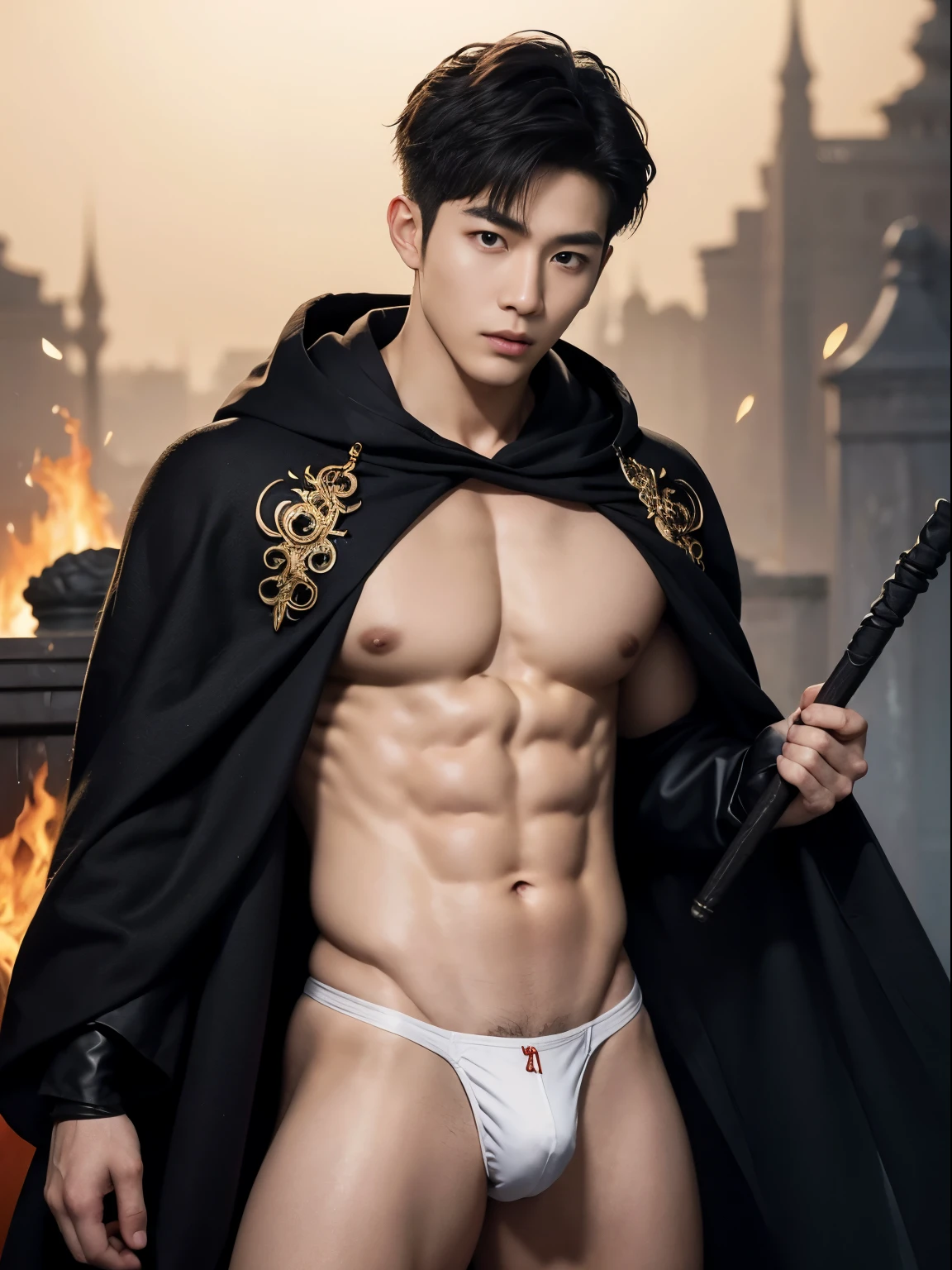 realistic, masterpiece, intricate details, detailed background, depth of field, muscular, Photo of a handsome Korean magician, (Young Korean man looking like a K-pop idol), 25 years old, (white and short hair), voluptuous crotch, fire spell, sorcerer, wearing a long hooded cloak, sexy muscular, wearing a thong, pectoral focus, pyromaniac, white skin, pale