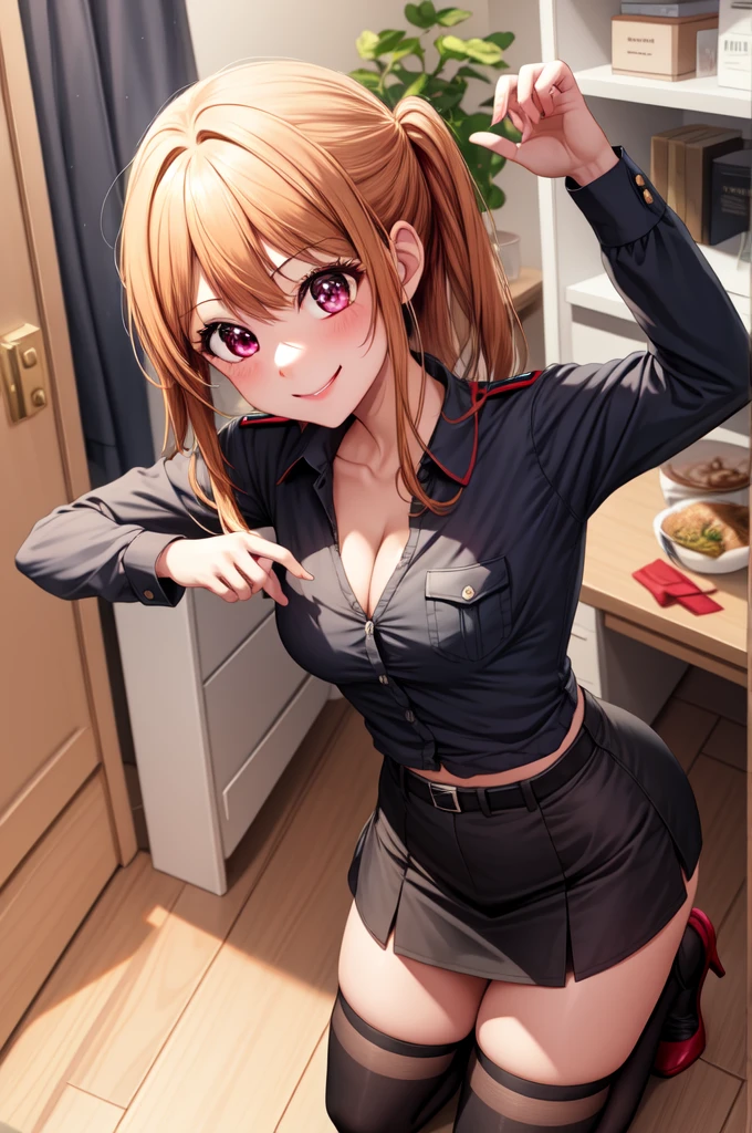 anime, beautiful face, highly detailed face, 2 accurate legs detailed eyes, highly detailed background, perfect lighting, accurate arms, accurate hands, accurate fingers, full body, 1girl, solo, ruby hoshino, oshi no ko, indoors, detailed heels, black detailed thighhighs, indoors, absurdres, high res, ultrasharp, 8K, masterpiece, looking at viewer, (full body:1.4), smiling with compassion, teasing smile, black tight skirt, police uniform, unbuttoned police shirt, cleavage, view from behind, ass view, looking over her shoulders,
