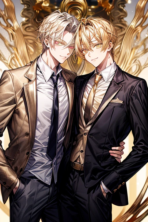 masutepiece, Best Quality, Male one、High quality, Face Focus, Black tie、 The jacket is a gray jacket, White shirt, tie, Pants,One ear only, one earring, earrings, Best Quality 、a blond、(((((Golden Eyes)))))、A slight smil、Tall、High school students、refreshing