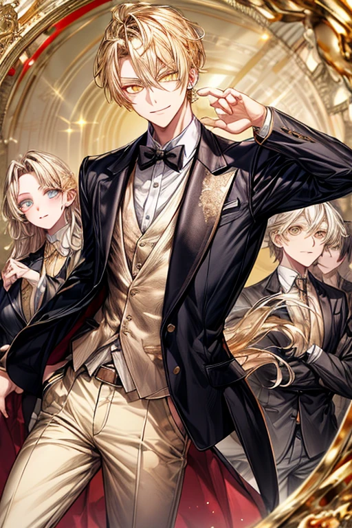 masutepiece, Best Quality, Male one、High quality, Face Focus, Black tie、 The jacket is a gray jacket, White shirt, tie, Pants,One ear only, one earring, earrings, Best Quality 、a blond、(((((Golden Eyes)))))、A slight smil、Tall、High school students、refreshing
