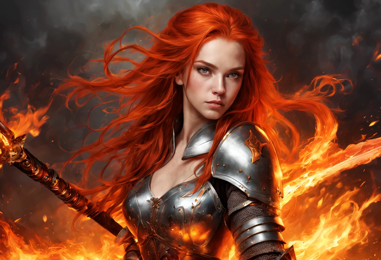 Create a detailed image of a fire elf with a full-body red appearance. She has fiery red eyes, long red hair that flows like flames, and glowing runes etched into her skin. She is dressed in an intricate red explorer's outfit, designed with elven craftsmanship, blending elegance and functionality. The outfit features a mix of leather and fabric with magical accents, perfectly suited for an adventurous fire elf. The background should enhance her mystical aura, with subtle embers and warm lighting highlighting her powerful presence.