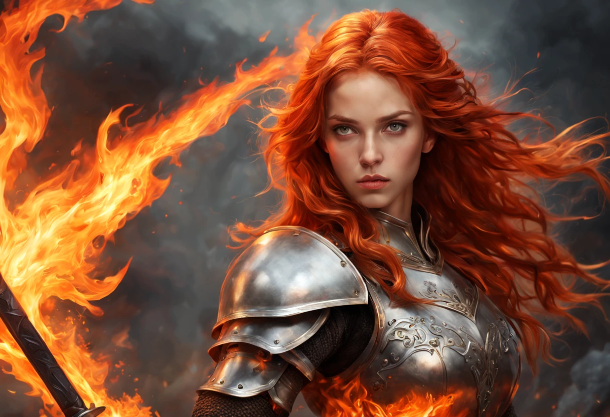 handsome girl, fiery hair, knight, hairlong, fire, Rage, two-handed sword, round face, natural beauty, Physical density, complete face, long eyelashes, without bangs, gray eyes, Burns, Photorealistic picture, bright colours, winner of the shutterstock competition, Fantasy art, a  photo of a, movie style, Intricate and subtle details, hiquality