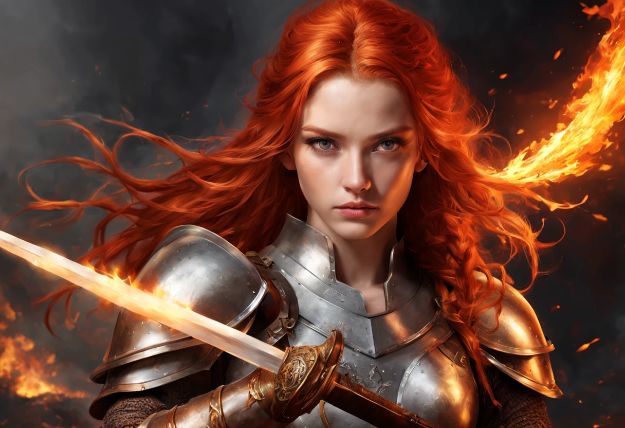 handsome girl, fiery hair, knight, hairlong, fire, Rage, two-handed sword, round face, natural beauty, Physical density, complete face, long eyelashes, without bangs, gray eyes, Burns, Photorealistic picture, bright colours, winner of the shutterstock competition, Fantasy art, a photo of a, movie style, Intricate and subtle details, hiquality