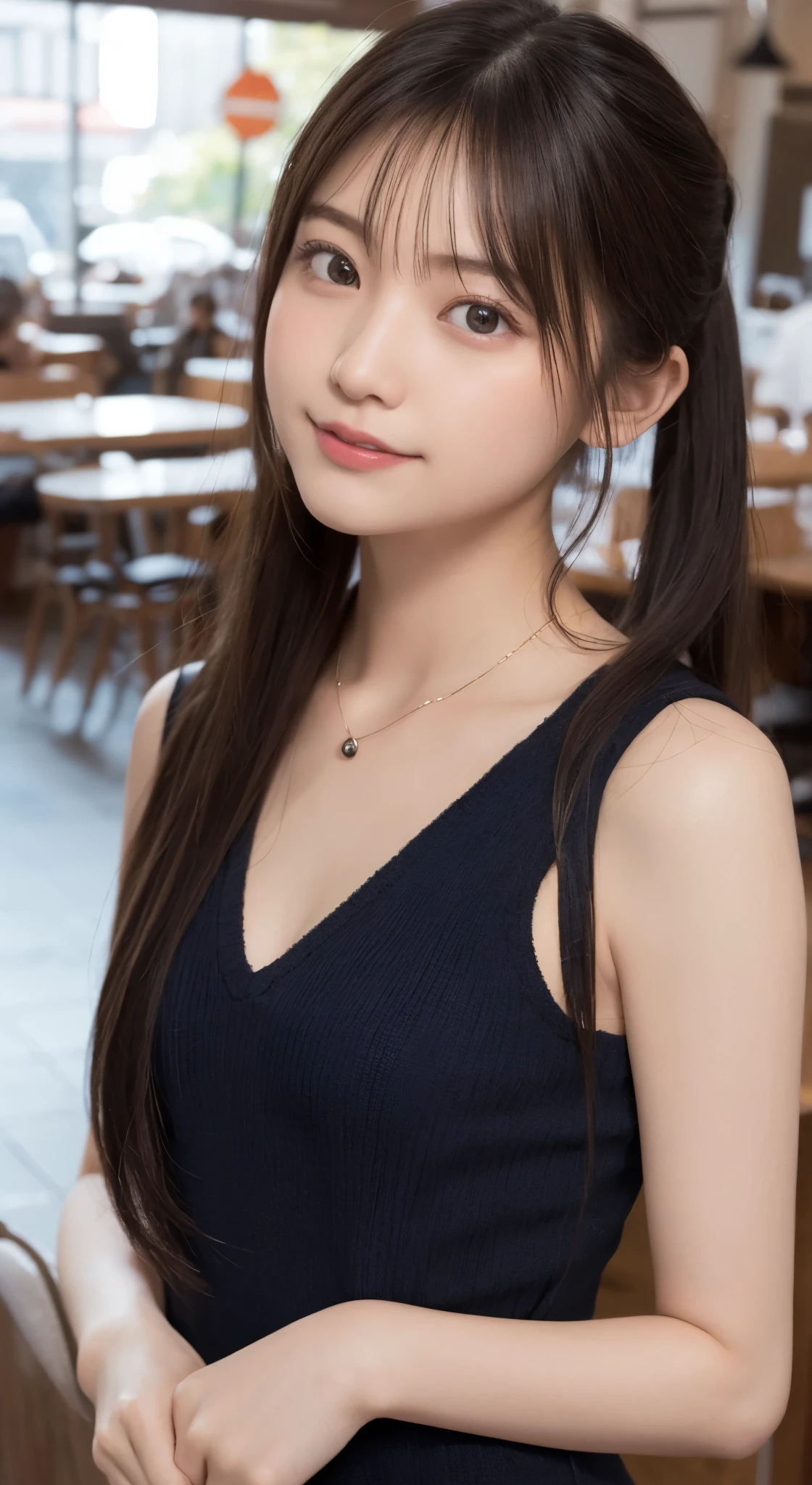 NFSW、masutepiece、masterpiece、1 girl in、(close up of face、cowboy shot)、Straight front view、japanes、very young cute woman、(The cutest girl in the world)、12year old、Smaller face、large full breasts、autumn knit jacket、Sheer inner、Chiffon skirt、Ultra-detailed costumes、Smiling in a café、Scrunchie、Thin necklace、Glamorous figure、hyper cute face、shiny lip、Double eyelids in both eyes、 natural make up、long eyeslashes、shiny smooth light brown hair、bangss、Short twin tail hair、非対称なbangss、image in center、8K分辨率、high détails、Detailed hairstyles、A detailed face、spectacular movie lighting、octane renderings、with a vibrant、Ultra-realistic、Perfect limbs、perfect anatomia