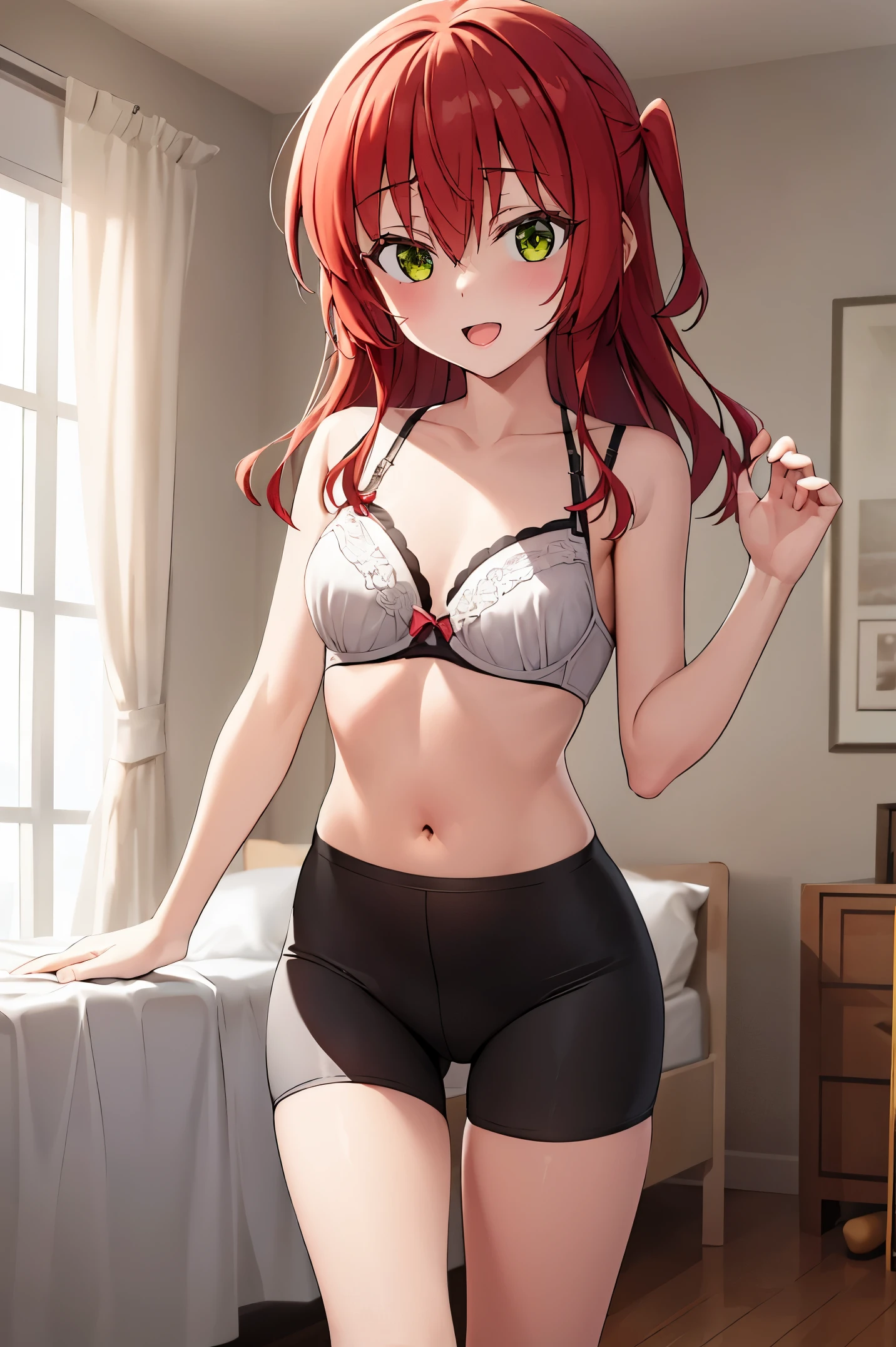 1 girl, best quality, ultra high res, long hair, red hair, green eyes, looking at viewers, small breast, standing, pov, slim body, loli body, small body, smile, open mouth, bra, white bra, bike shorts, bedroom, white bed sheets,