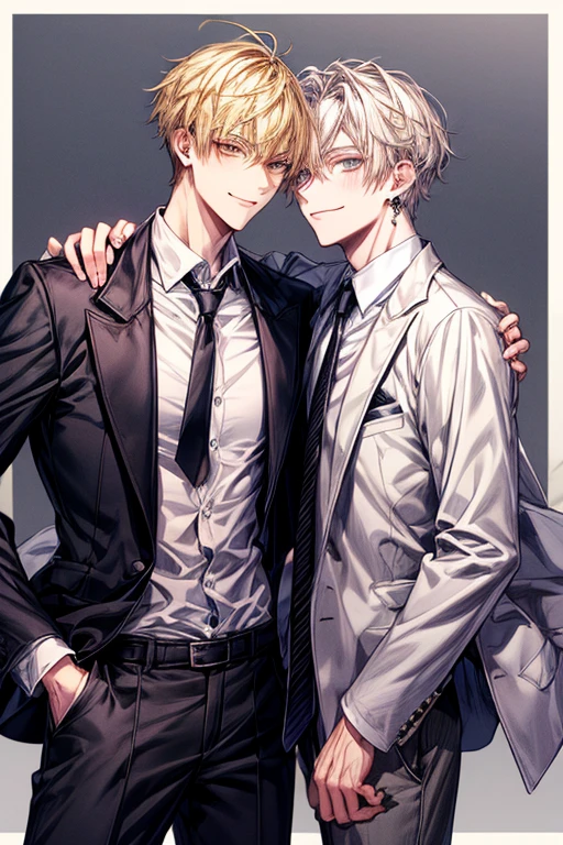 masutepiece, Best Quality, High quality, 1boy, Face Focus, Black tie、 The jacket is a gray jacket, White shirt, tie, Pants,One ear only, one earring, earrings, Best Quality 、a blond、Golden Eyes、A slight smil、Tall、High school students、refreshing