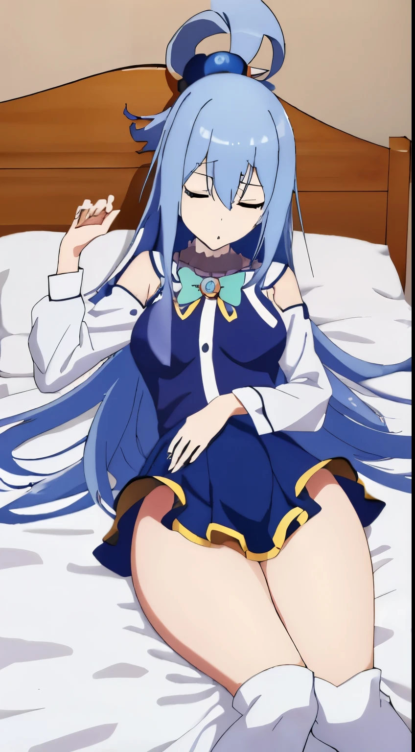 masutepiece、hight resolution、Long-haired girl、(((A slender)))、Light blue hair、Photographing the subject from below、Sleeping with drool、Lying on your back on the bed、skinny thigh、Focus on the thighs、ksaqua、hair rings