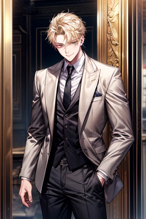 1boy, Face Focus, Black tie、 The jacket is a gray jacket, White shirt, tie, Pants,One ear only, one earring, earrings, Best Quality 、a blond、Golden Eyes、A slight smil、Tall、High school students、refreshing